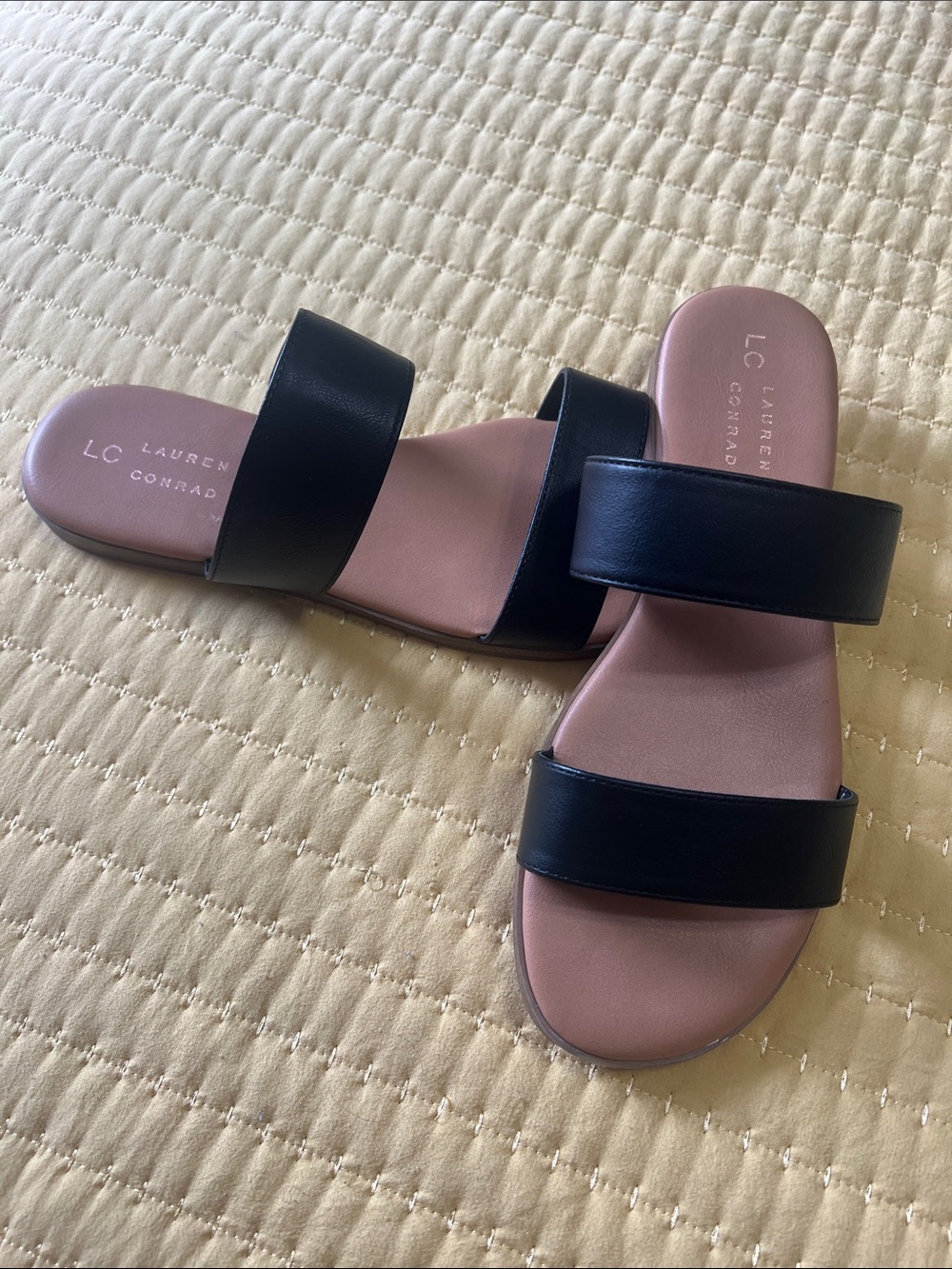 LC Lauren Conrad Black Double Strap Slide Sandals with Tan Footbed